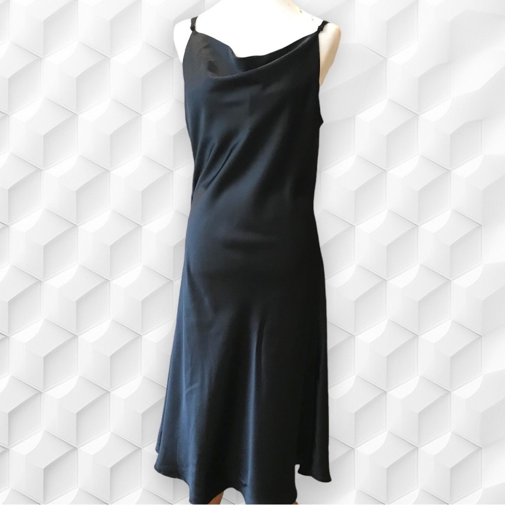 Black satin NEW silky slip midi dress spaghetti straps cowl square neck …